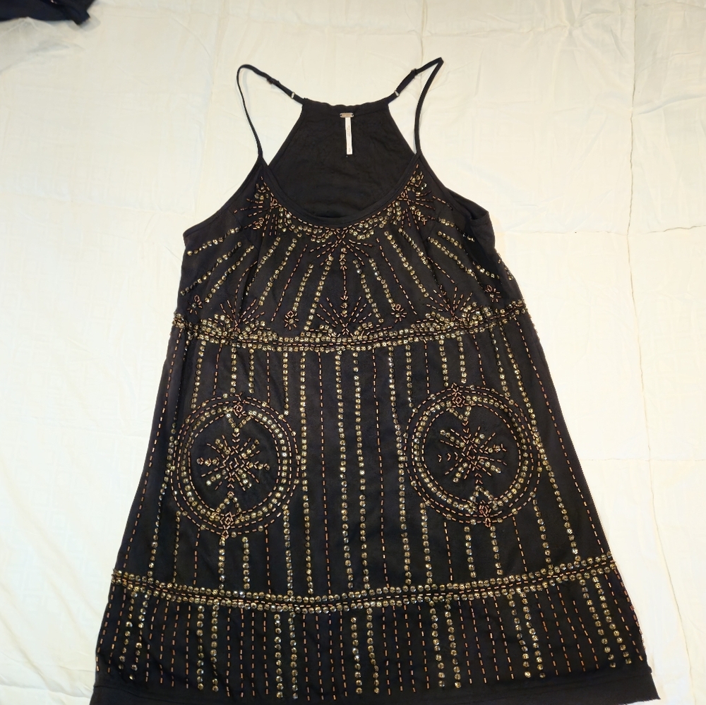 Free People Beaded Slip Dress Black Embellished Mini Tunic Size SP - Picture 11 of 12